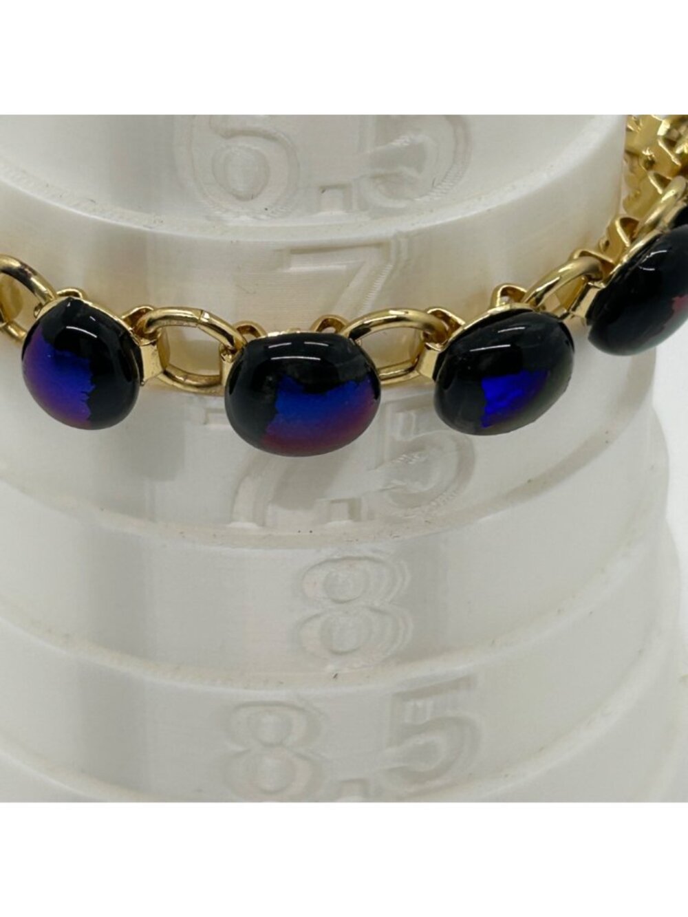 Vintage Gold-Tone Bracelet With Iridescent Dichroic Glass Beads Blue Purple - Picture 14 of 16
